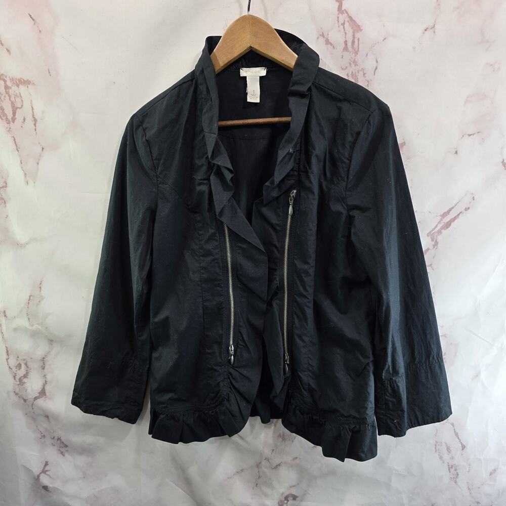 Chicos Jacket Womens 1 Medium Black Open Blazer Ruffle Zipper Detail Peplum